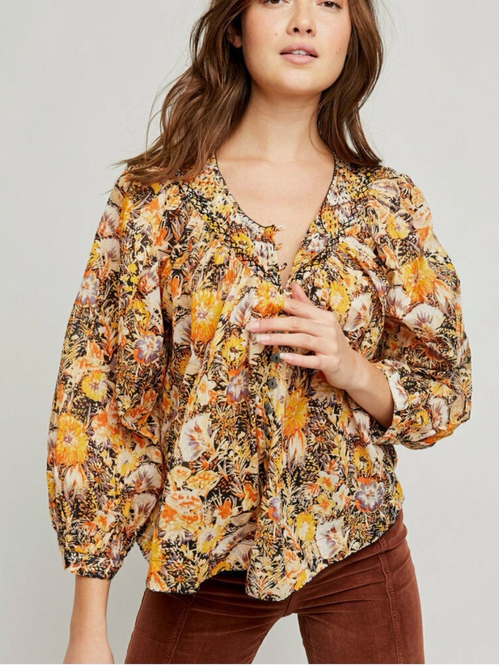 Free People Floral Ruffled V-Neck Blouse in Yellow and Brown